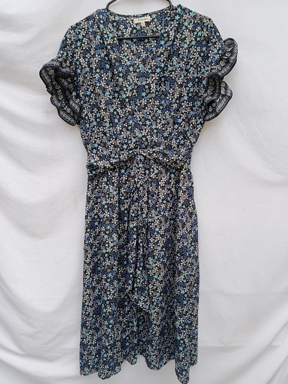 Max Studio Navy Blue Floral Tie-Waist Midi Dress Boho Cottagecore Ruffle Small